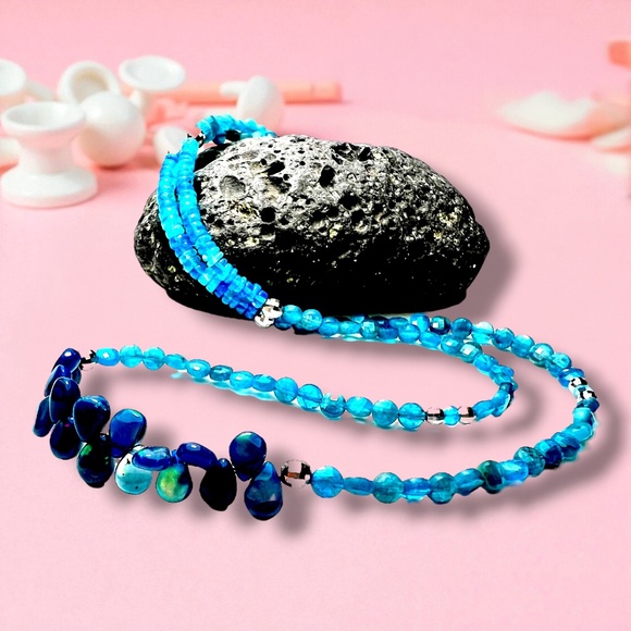 Natural Apatite and Black Opal Wrap Bracelet, Necklace Solid 14k White Gold - Picture 3 of 7